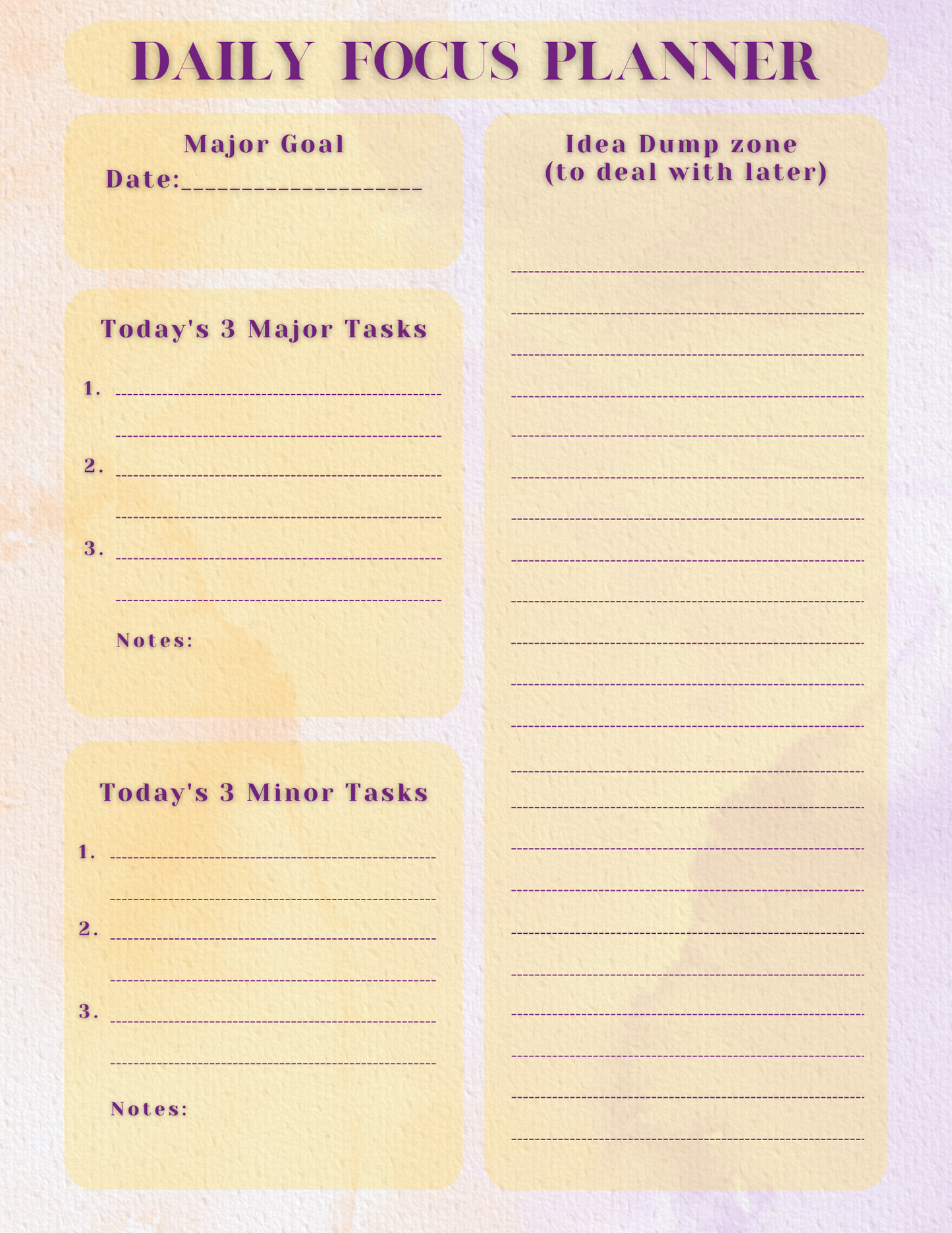 Daily focus planner with sections for major goal, tasks, and idea dump on a light purple background.