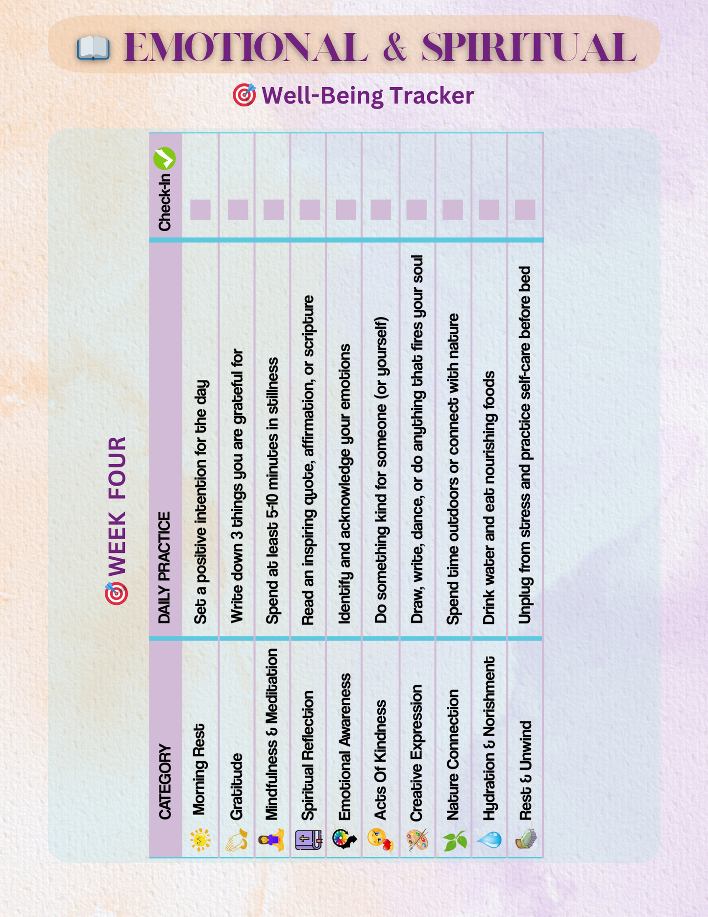 Emotional and Spiritual Well-Being Tracker for Week Four with a colorful gradient background