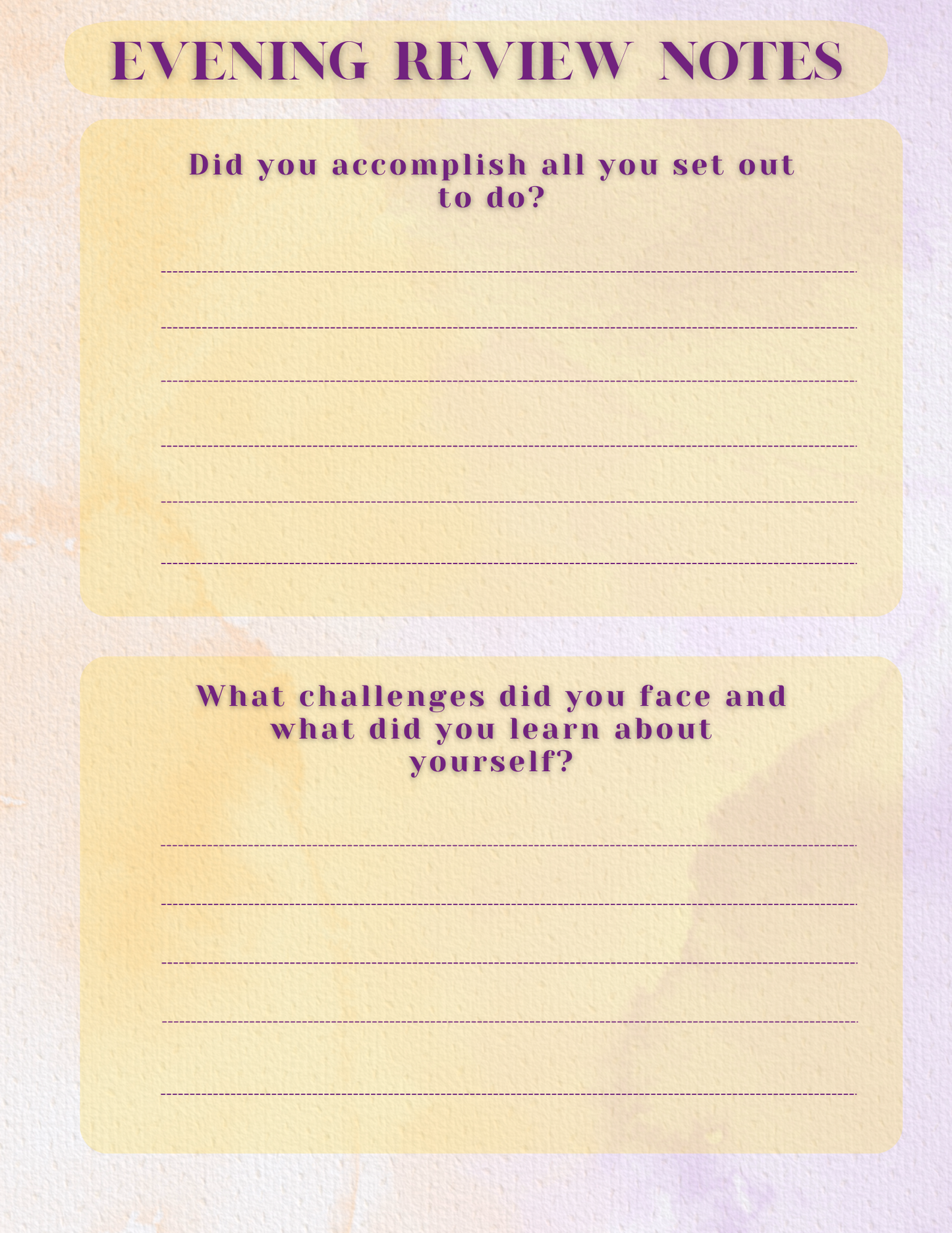 Yellow notepad with text prompts for evening review on a light purple background