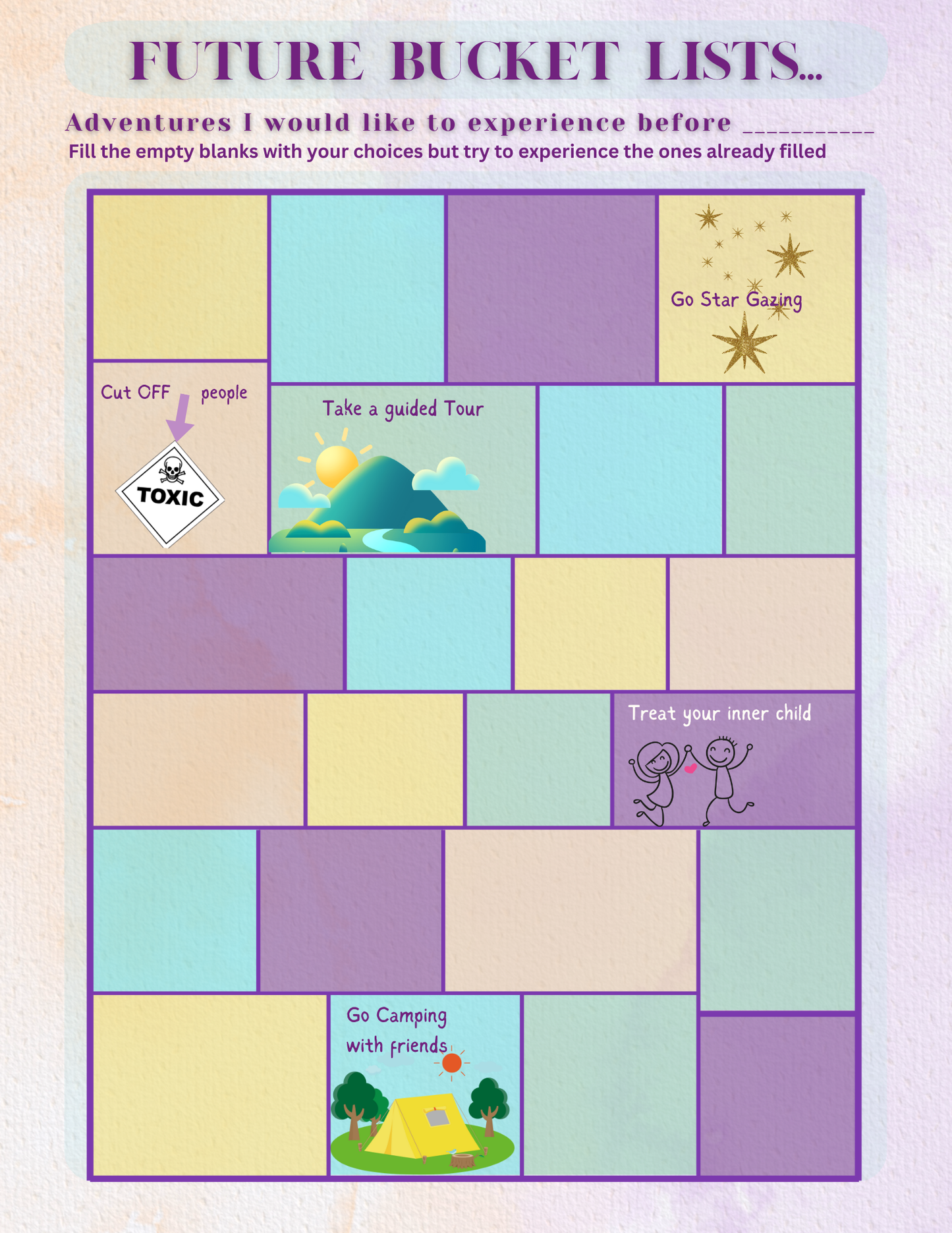 Future bucket lists worksheet with colorful squares to fill in with adventures I would like to experience before a set time-frame, with friendly illustrations on a light pink background