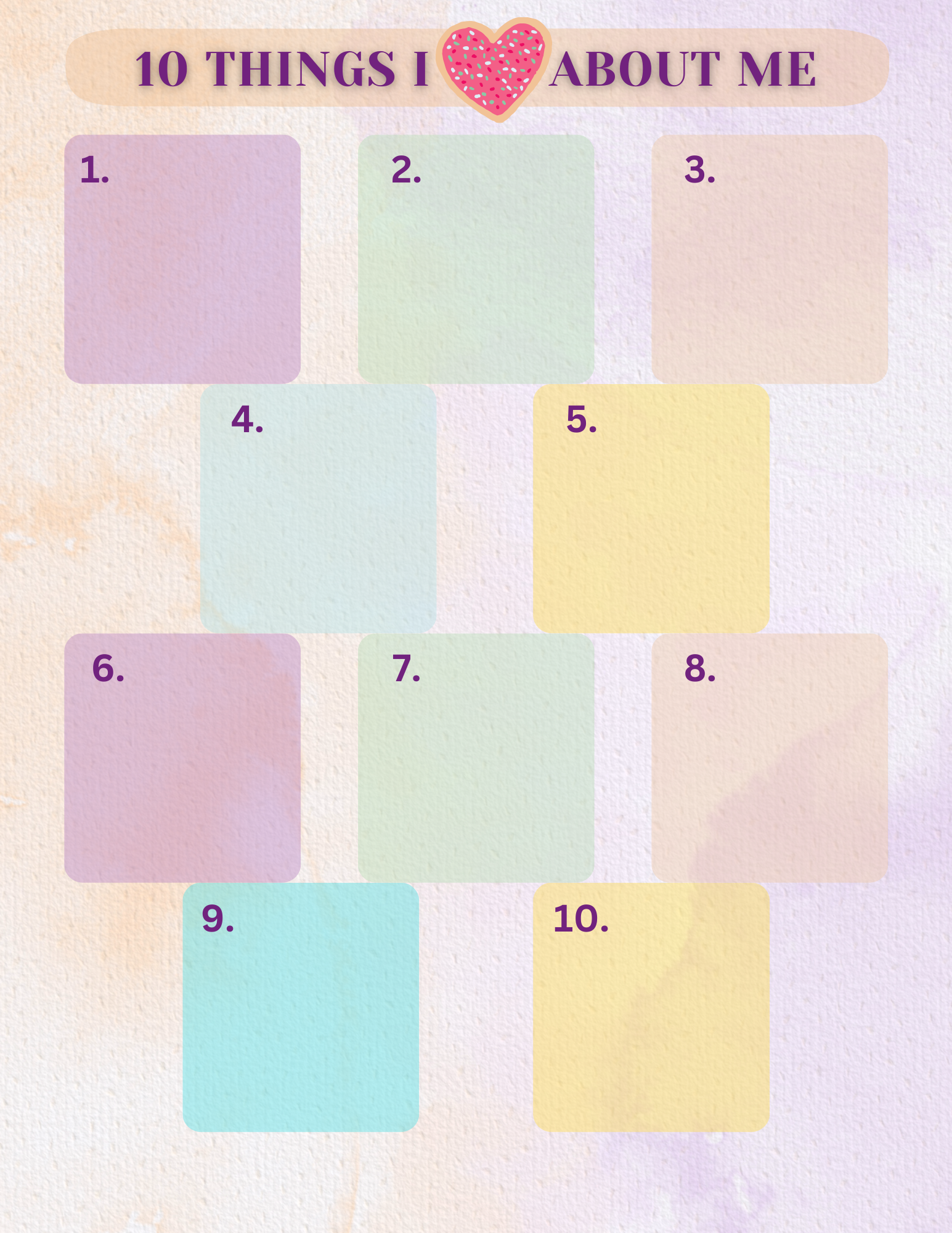 Pastel-colored square cards arranged in a grid on a light pink background with '10 Things I Love About Me' text at the top.