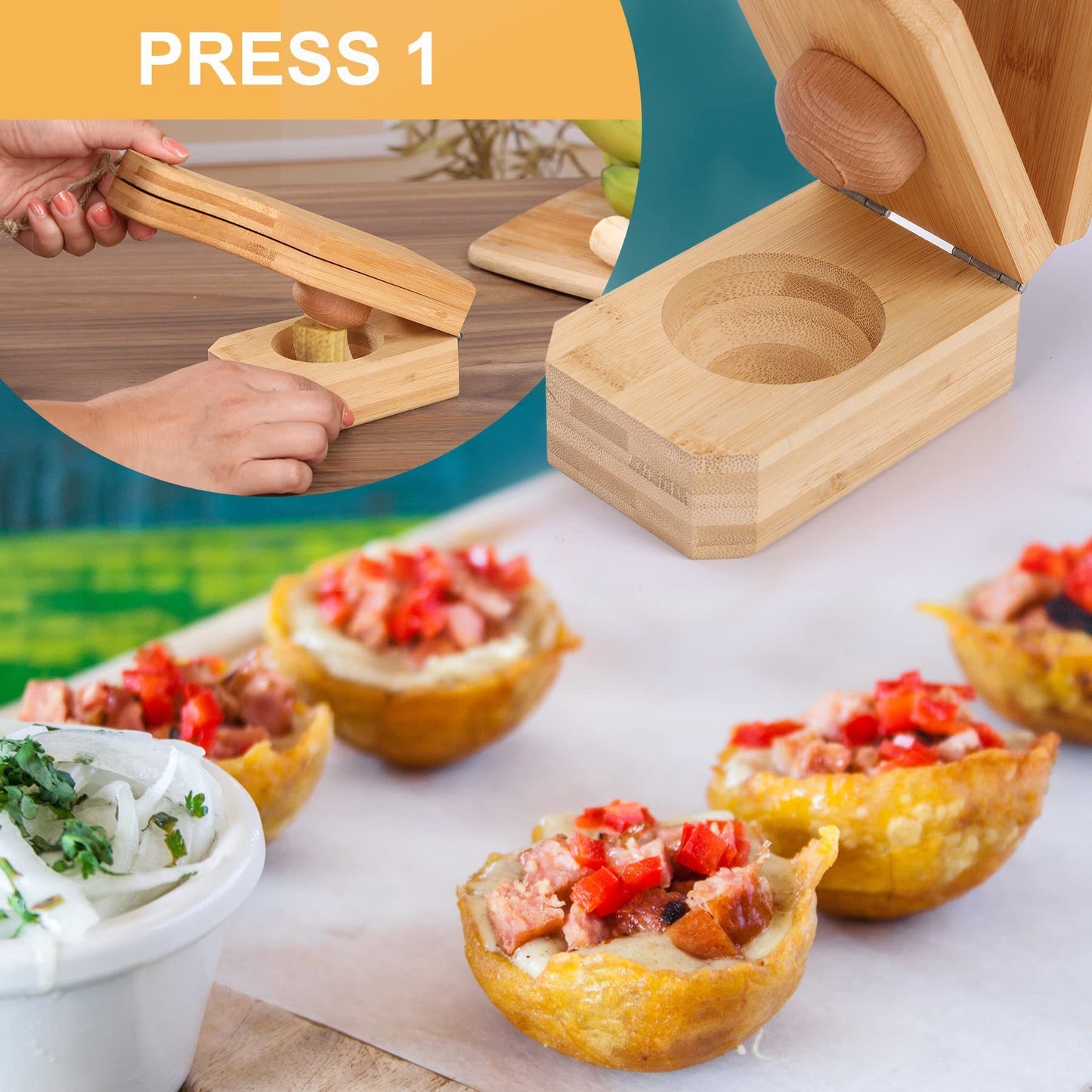 Wooden Bamboo Press for Tostones, Patacones & Fried Plantains and Banana.