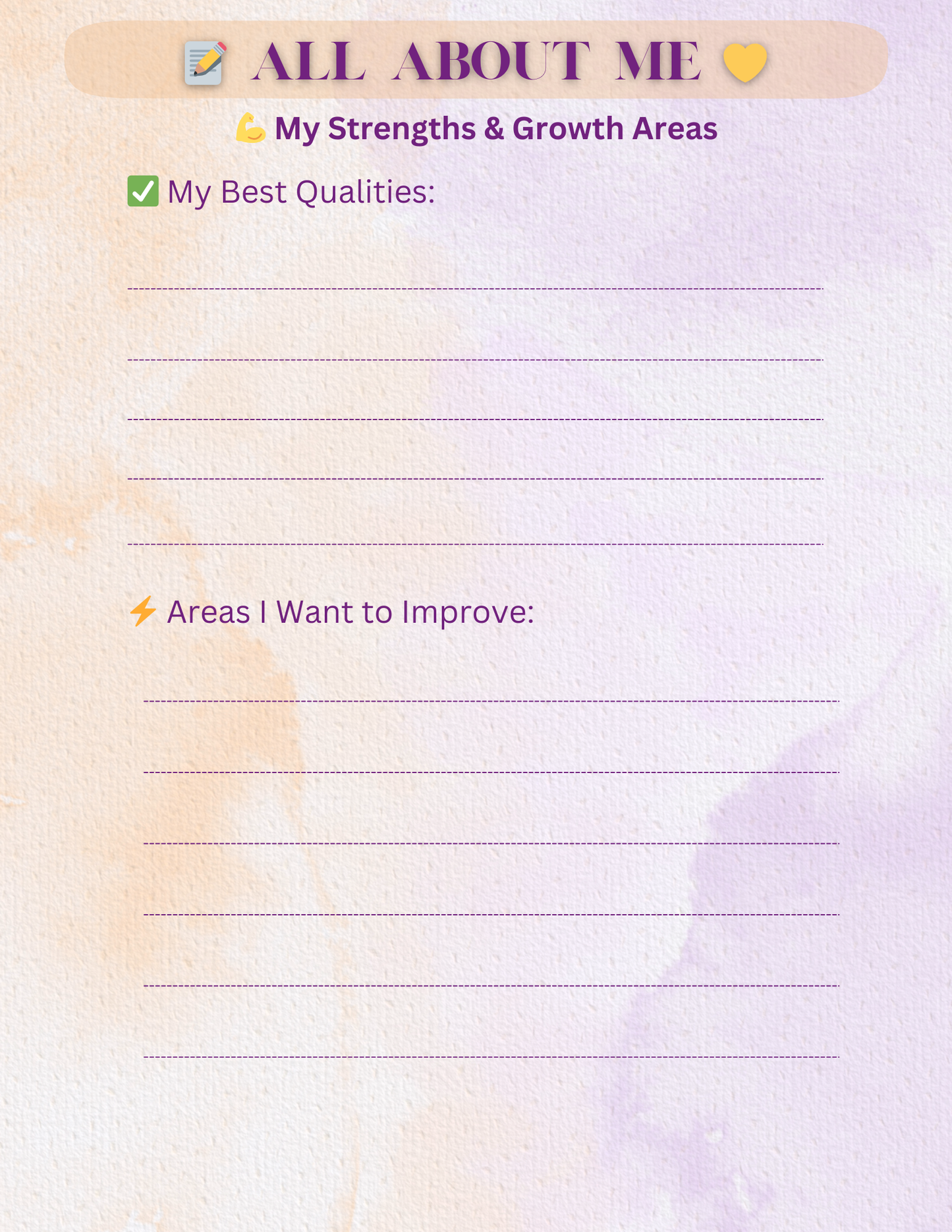 Self-assessment form titled 'All About Me' with sections for strengths, growth areas, best qualities, and areas to improve on a pastel gradient background.
