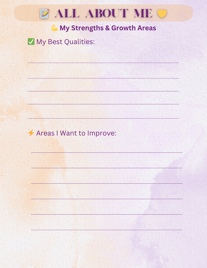 Self-assessment form titled 'All About Me' with sections for strengths, growth areas, best qualities, and areas to improve on a pastel gradient background.