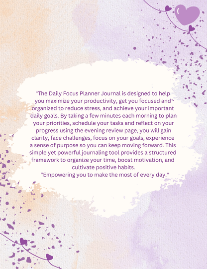  Back of Journal with text blurb on a soft purple and white background with heart designs