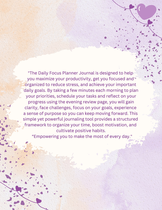  Back of Journal with text blurb on a soft purple and white background with heart designs