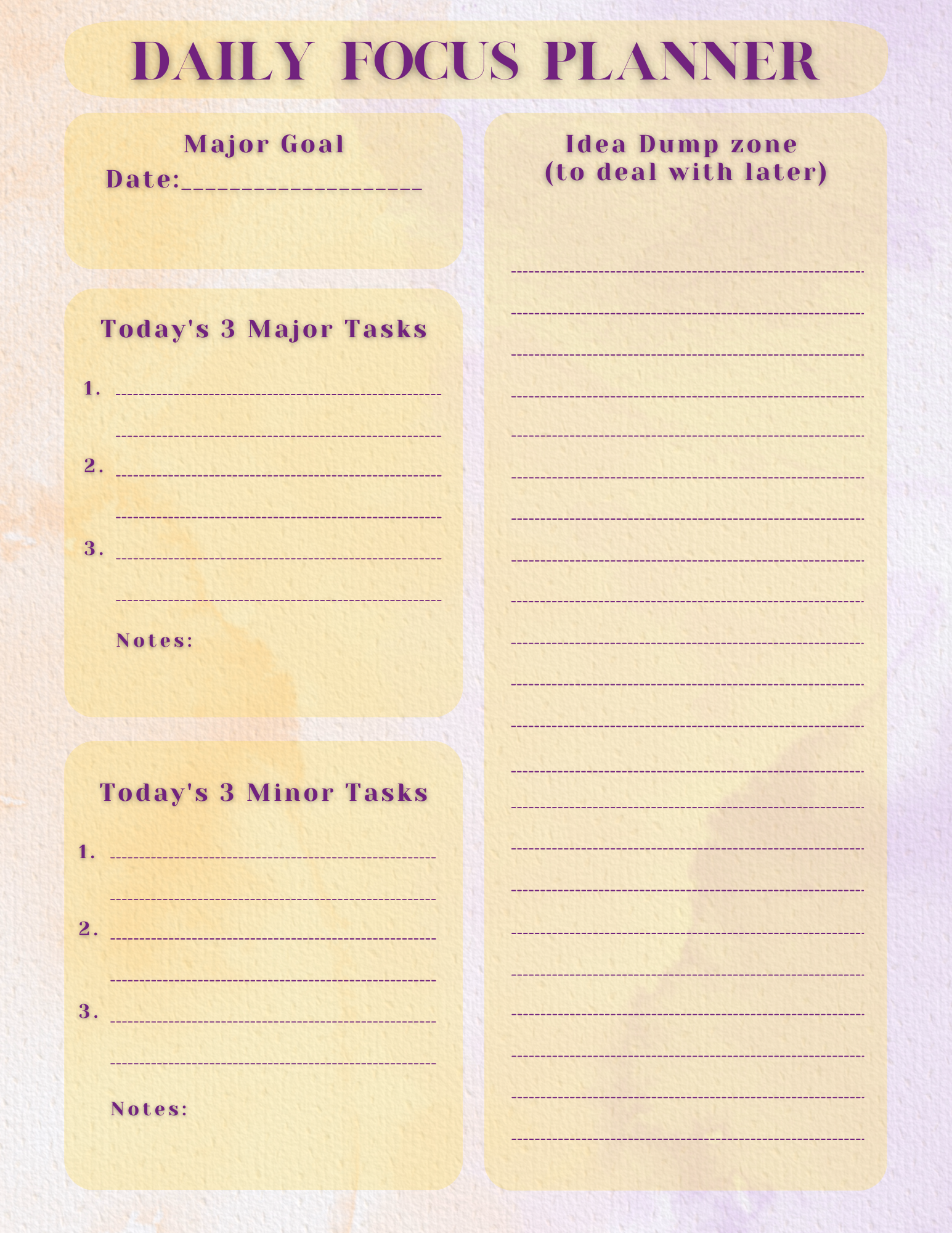 Daily focus planner with sections for major goal, tasks, and idea dump on a light purple background.