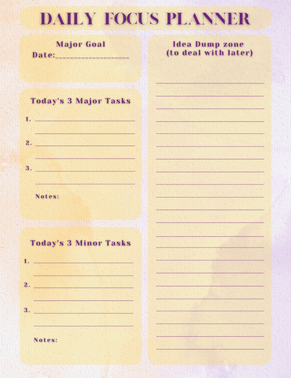 Daily focus planner with sections for major goal, tasks, and idea dump on a light purple background.