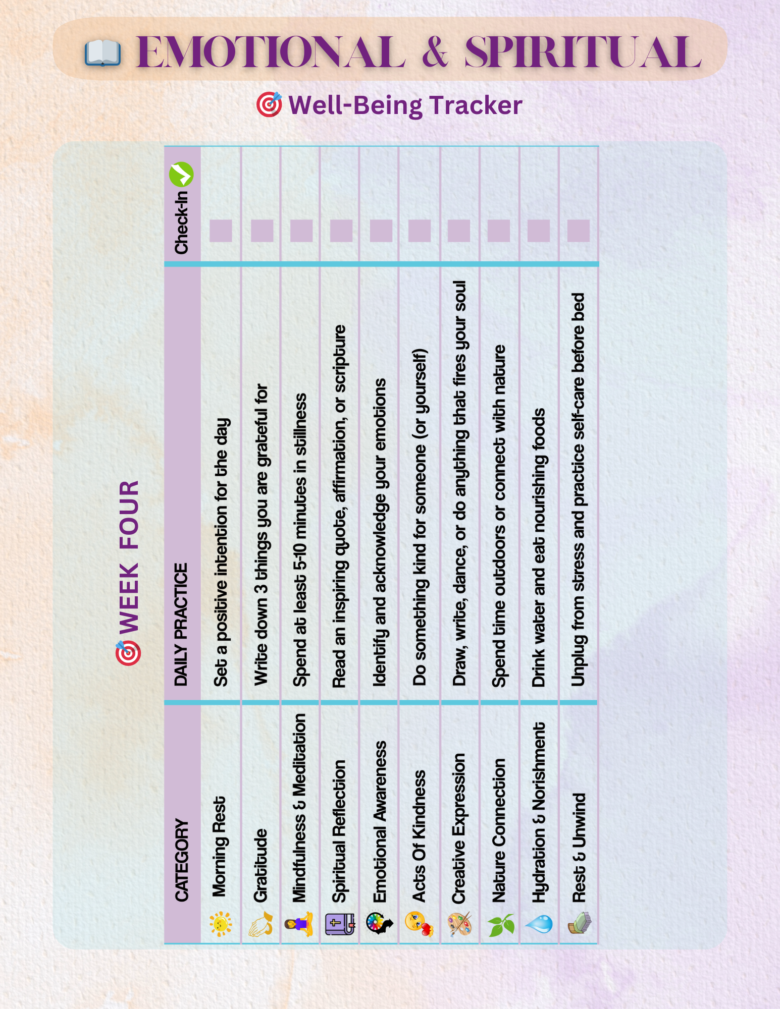 Emotional and Spiritual Well-Being Tracker for Week Four with a colorful gradient background