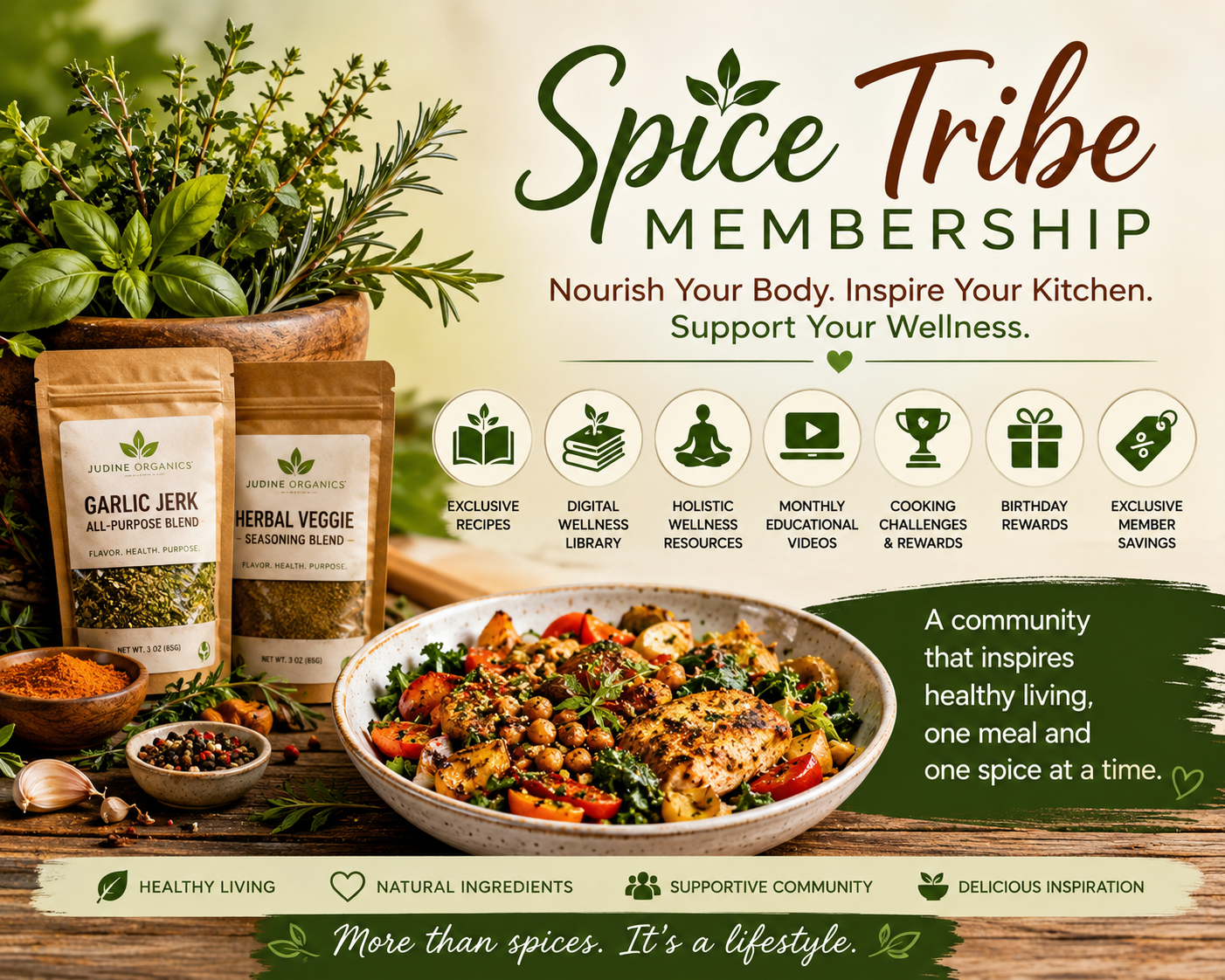 Promotional graphic for Spice Tribe Membership featuring two stand-up pouches of spices, a bowl of prepared food, herbs, and spices on a rustic wooden surface, with large text reading 'Spice Tribe Membership' and feature icons across the center.